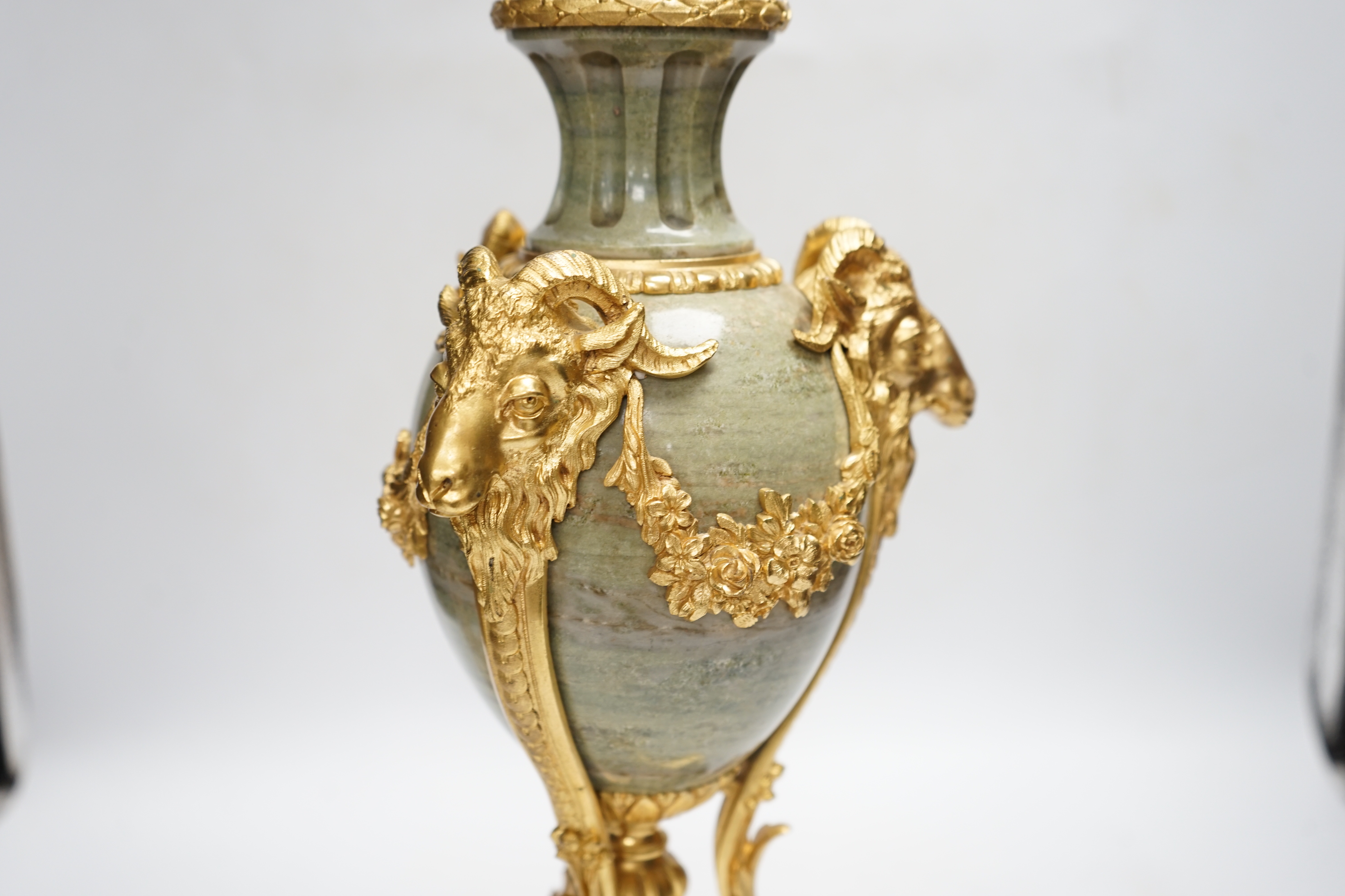 A Louis XVI style ormolu mounted ram’s head table lamp, 52cm.